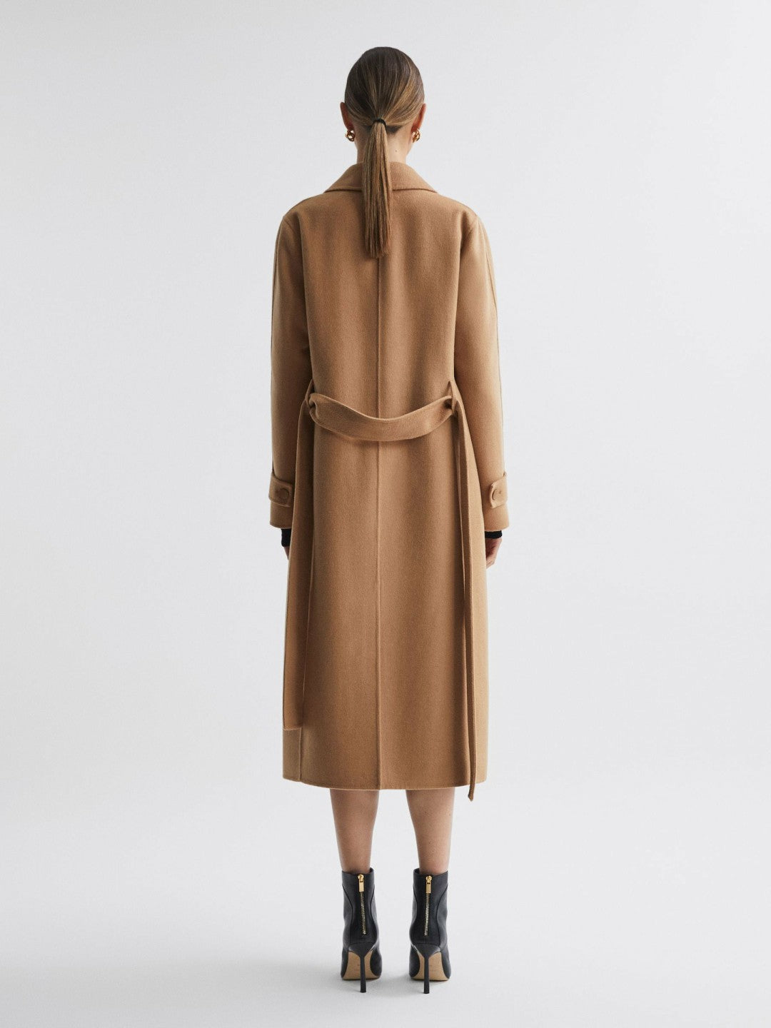 Wool Blend Belted Blindseam Coat in Camel | Reiss US