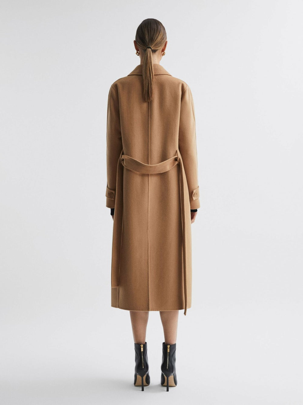 Wool Blend Belted Blindseam Coat in Camel | Reiss US