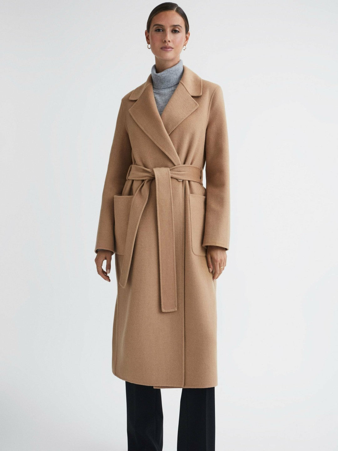 Long Wool Blend Blindseam Coat in Camel | Reiss For Sale