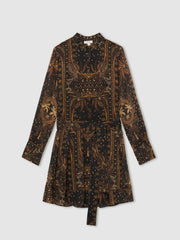Botanical-Print Chiffon Mini Dress in Navy | Reiss US