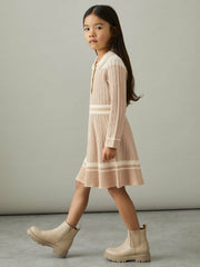 9-13 yrs Rib-Knit Pointelle Flared Dress in Pale Pink | Reiss Sale