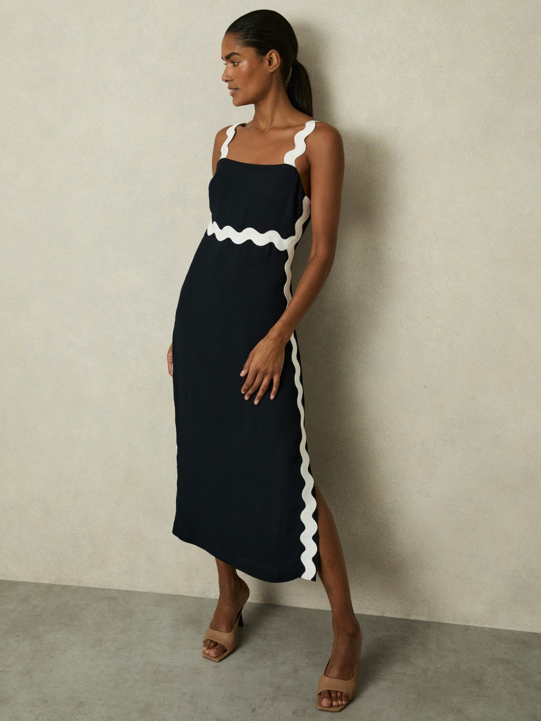 Wave-Trim Crepe Midi Dress in Navy | Reiss Near Me