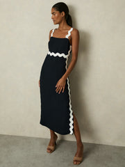 Wave-Trim Crepe Midi Dress in Navy | Reiss Near Me