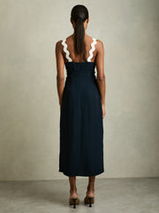 Wave-Trim Crepe Midi Dress in Navy | Reiss Near Me