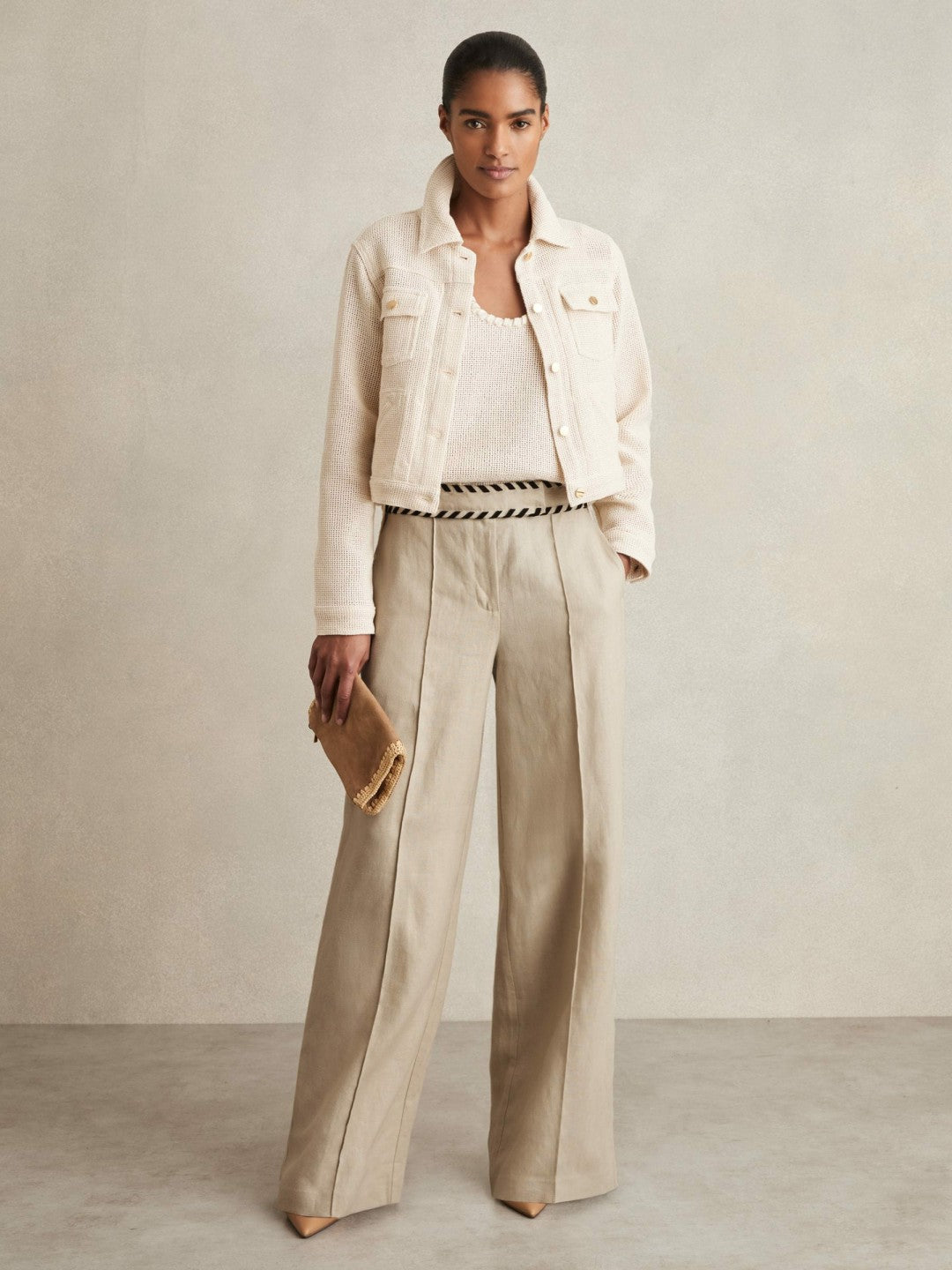 Petite Linen Wide-Leg Whipstitch Trousers in Neutral | Reiss Near Me