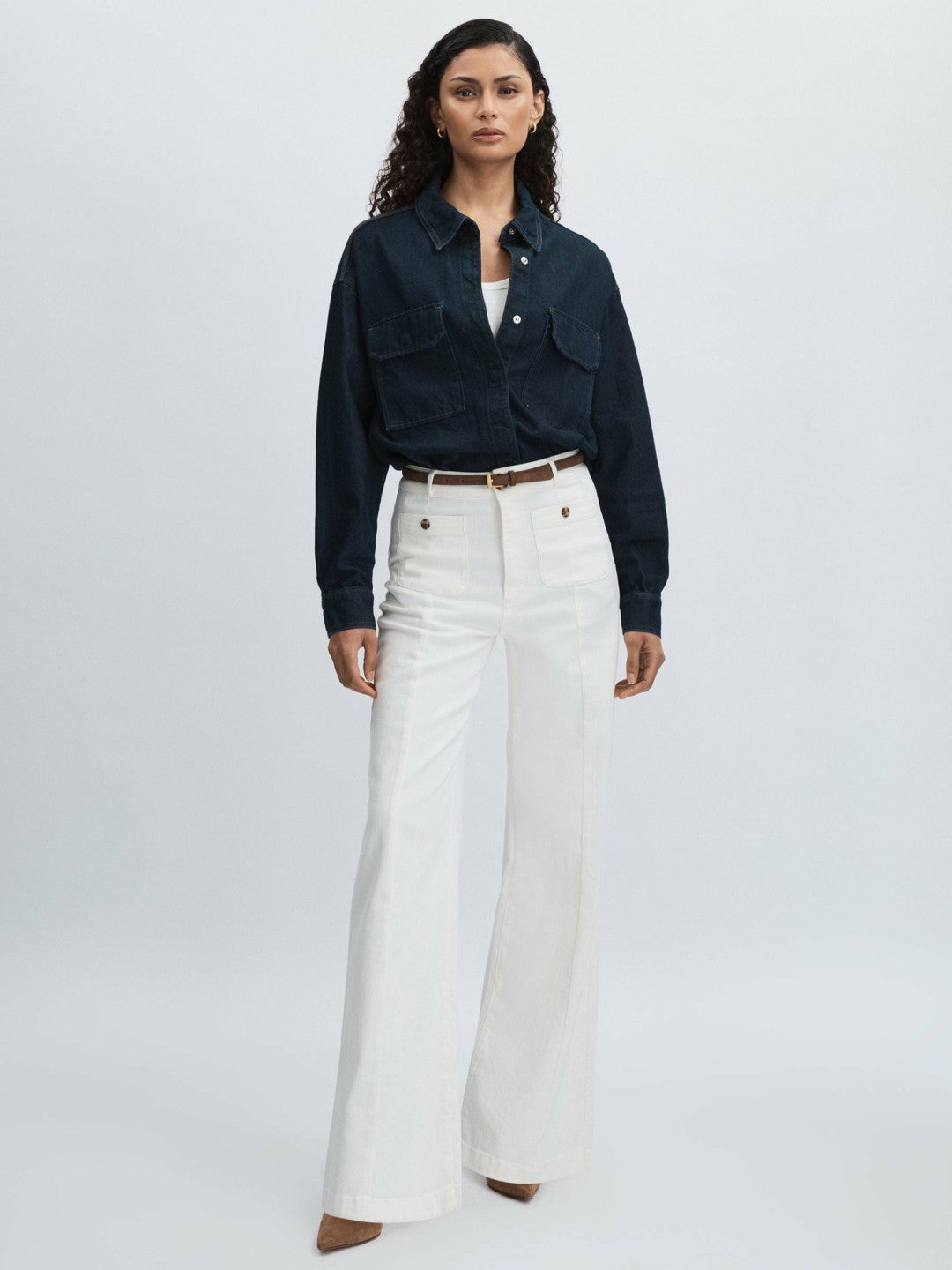 Paige Wide-Leg Patch Pocket Jeans in Ecru | Reiss Sale