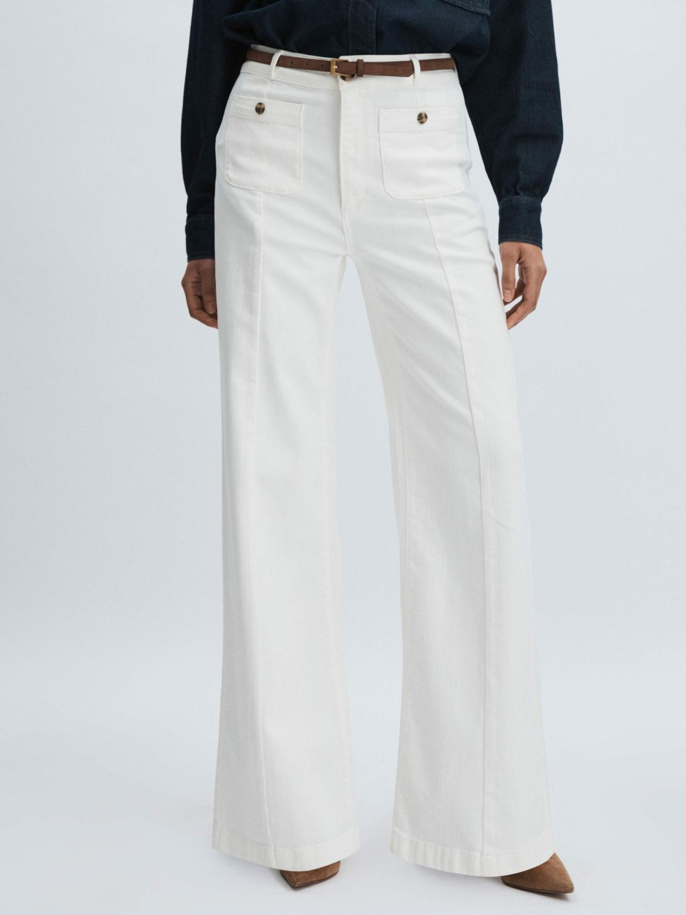 Paige Wide-Leg Patch Pocket Jeans in Ecru | Reiss Sale
