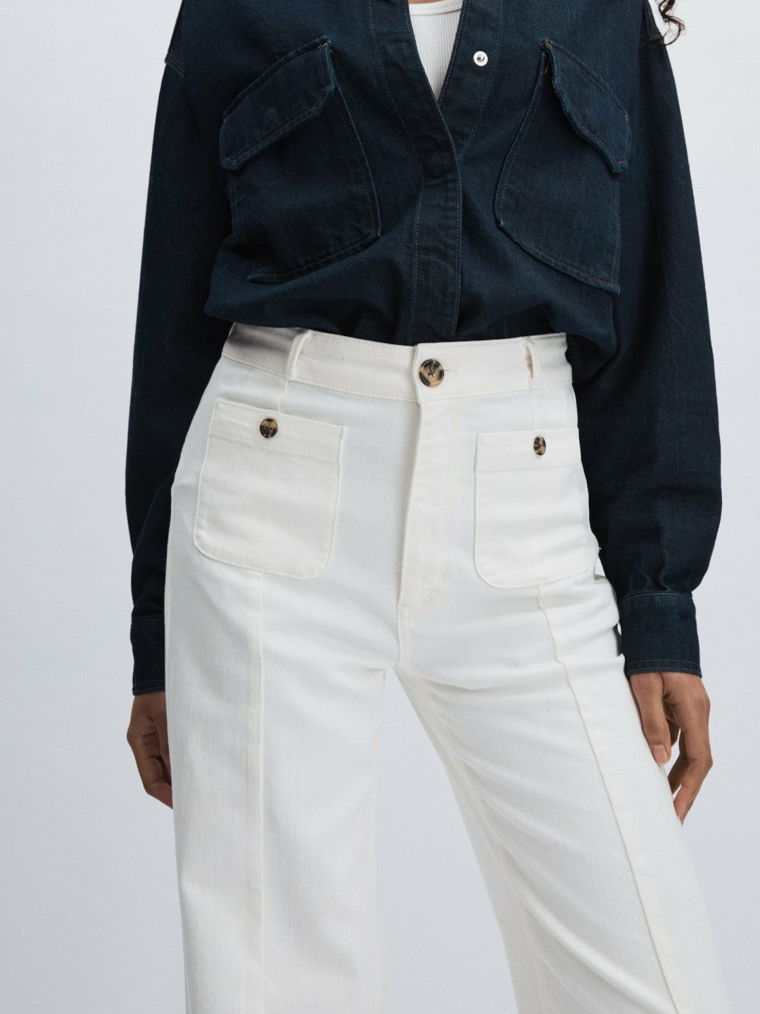 Paige Wide-Leg Patch Pocket Jeans in Ecru | Reiss Sale