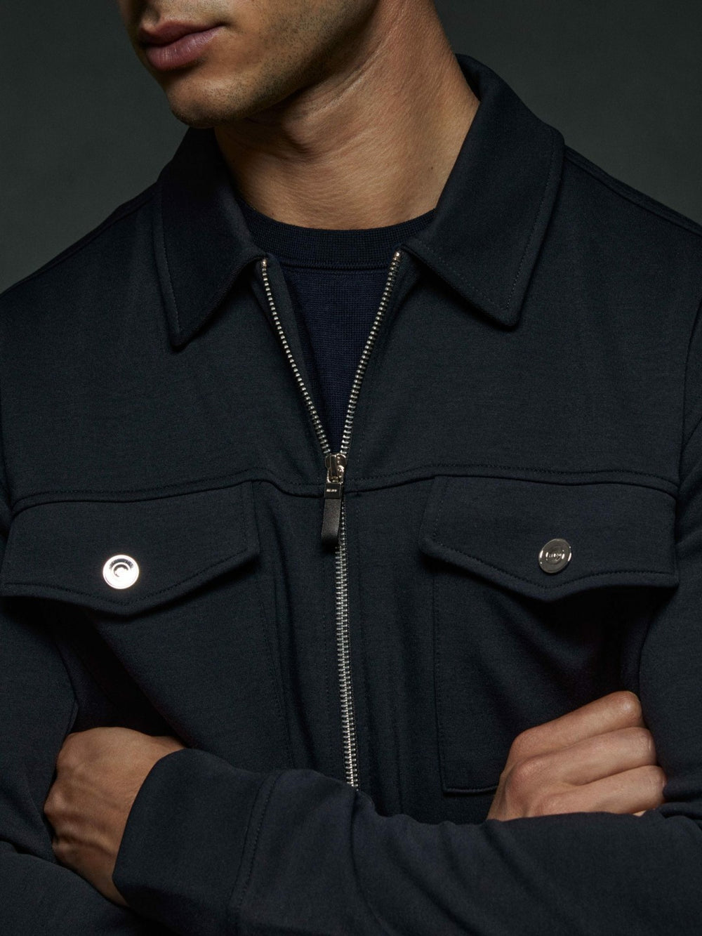 Interlock Jersey Zip-Through Jacket in Navy Blue | Reiss US