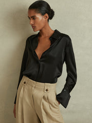 Petite Silk Double-Cuff Button-Through Shirt in Black | Reiss US