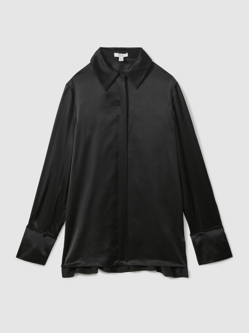 Petite Silk Double-Cuff Button-Through Shirt in Black | Reiss US