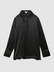 Petite Silk Double-Cuff Button-Through Shirt in Black | Reiss US