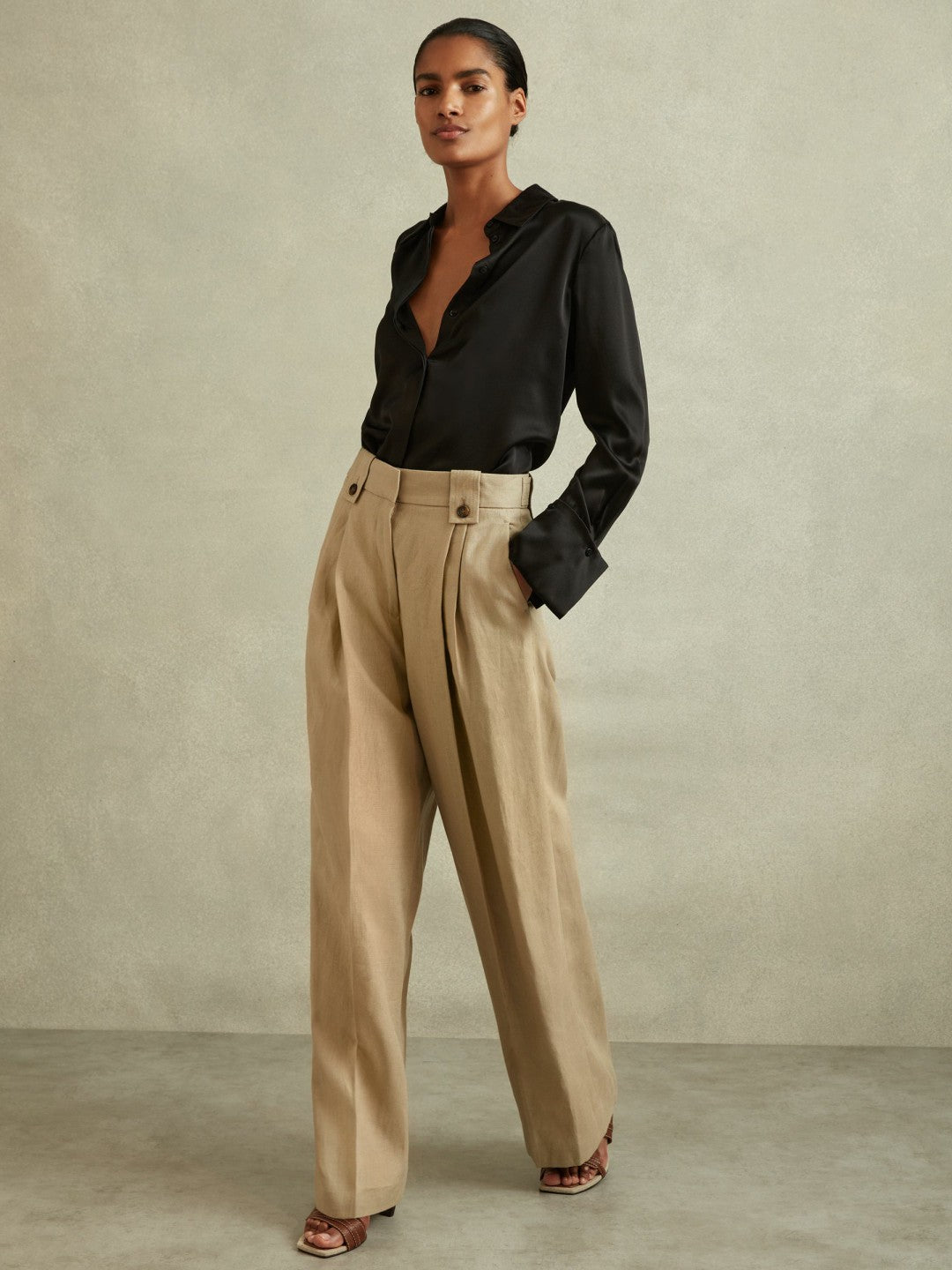 Petite Silk Double-Cuff Button-Through Shirt in Black | Reiss US