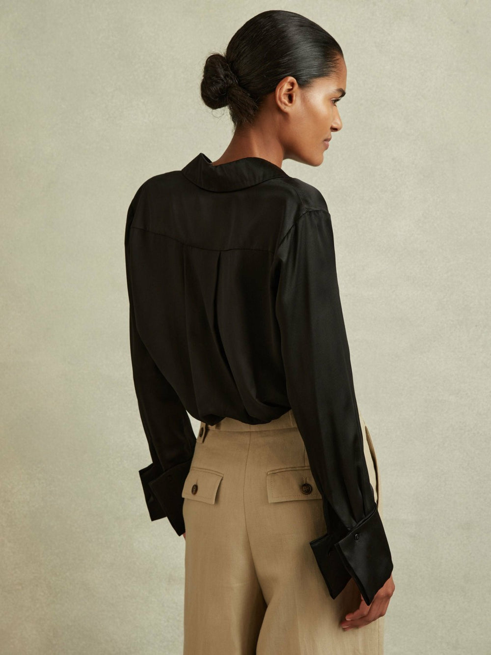 Petite Silk Double-Cuff Button-Through Shirt in Black | Reiss US