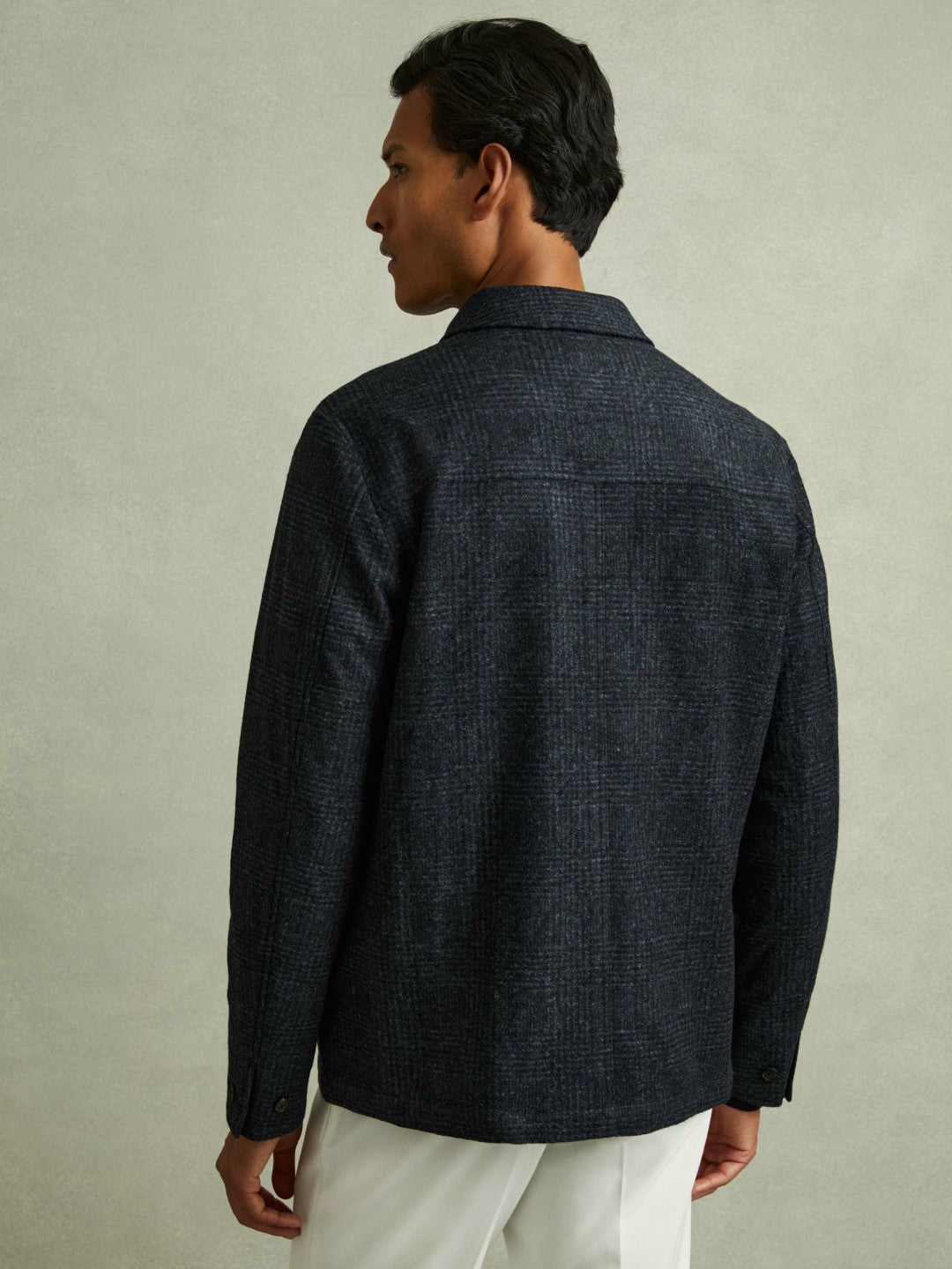 Checked Button Through Worker Jacket in Navy Melange | Reiss Discount