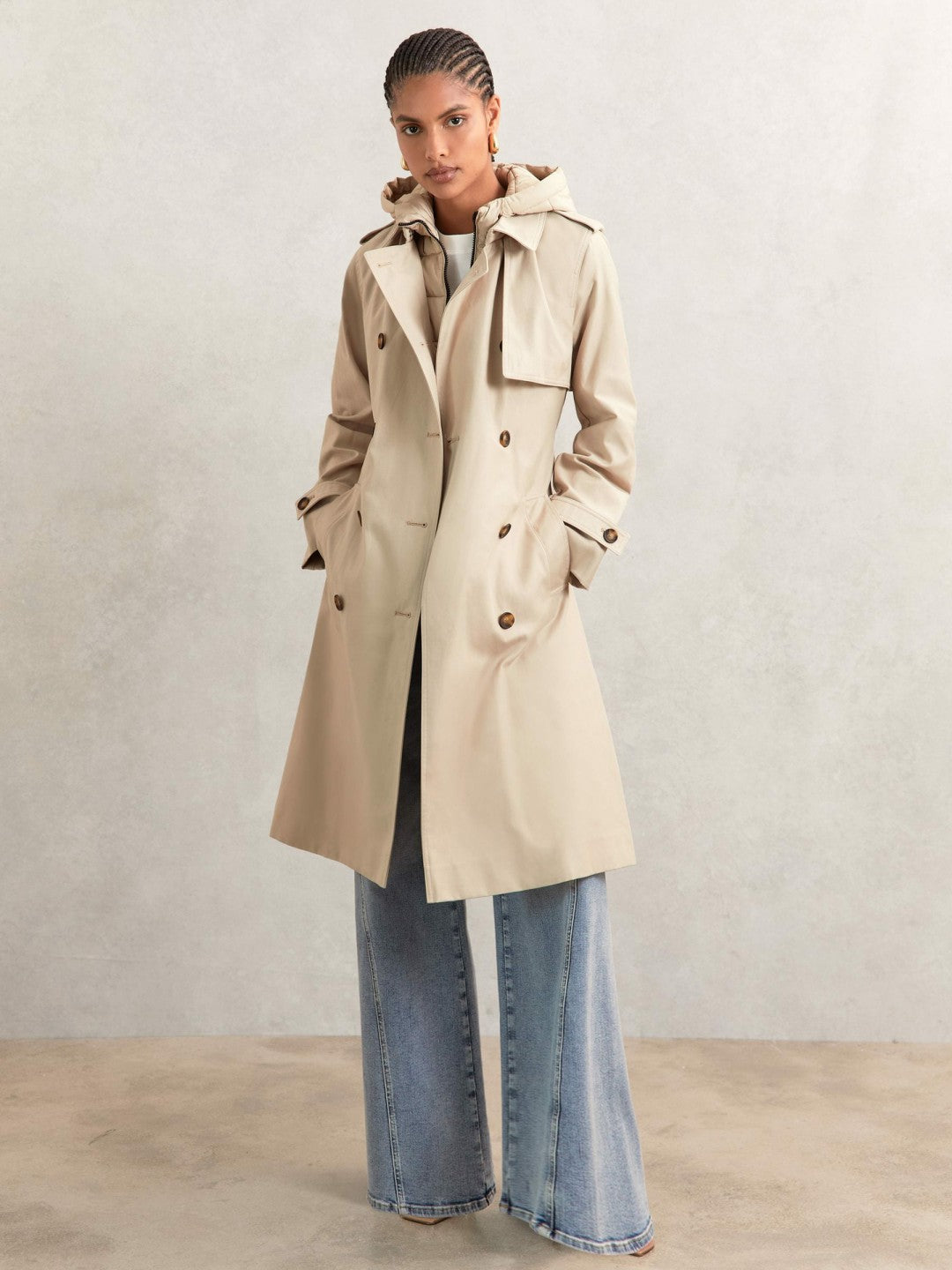 Hooded Insert Trench Coat in Stone | Reiss