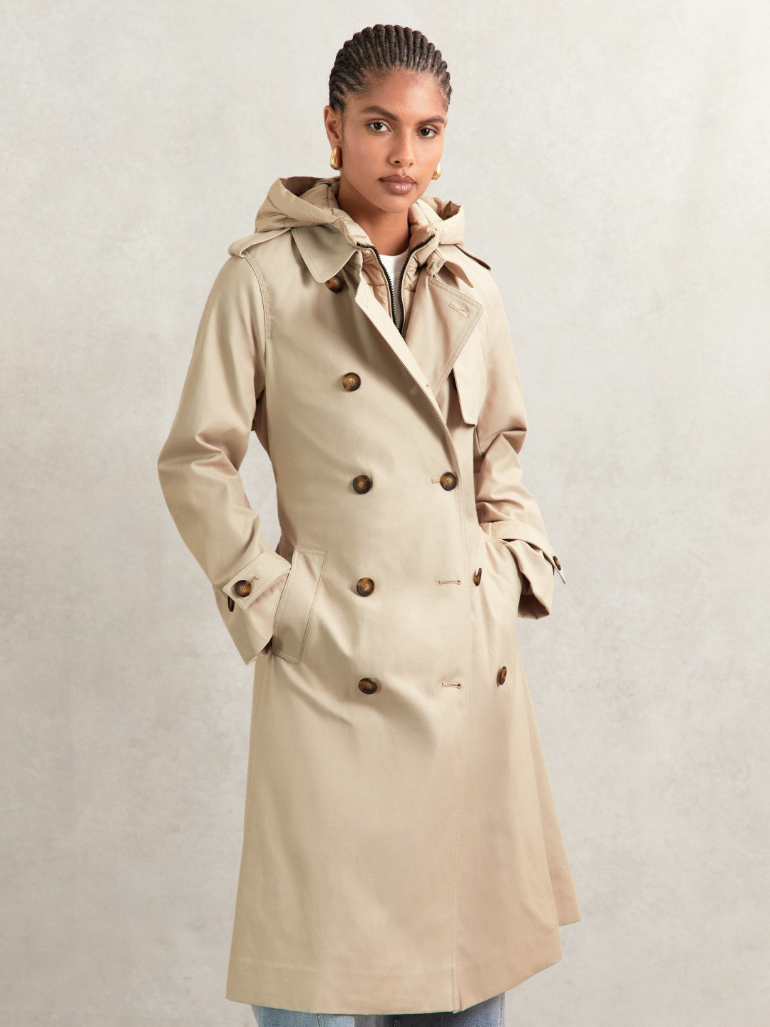 Hooded Insert Trench Coat in Stone | Reiss