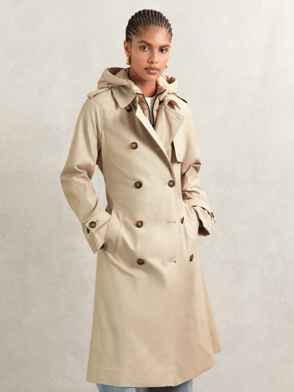 Hooded Insert Trench Coat in Stone | Reiss