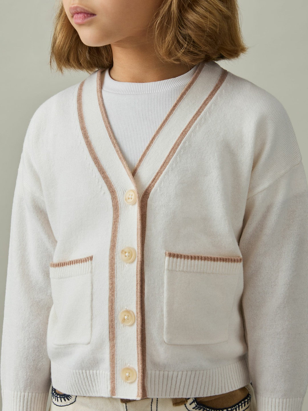 9-13 yrs Wool-Blend Stripe-Detail Cardigan With Cashmere in Cream | Reiss USA