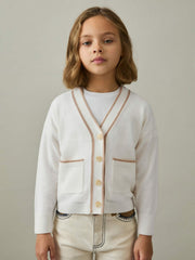9-13 yrs Wool-Blend Stripe-Detail Cardigan With Cashmere in Cream | Reiss USA