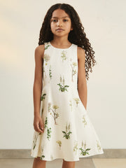 9-13 yrs  | NYBG Linen Floral Flared Dress in Ivory | Reiss USA