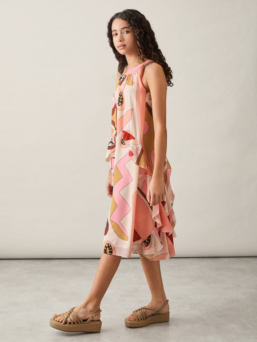 13-14 yrs Printed Ruffle-Trim Dress in Pink | Reiss Discount