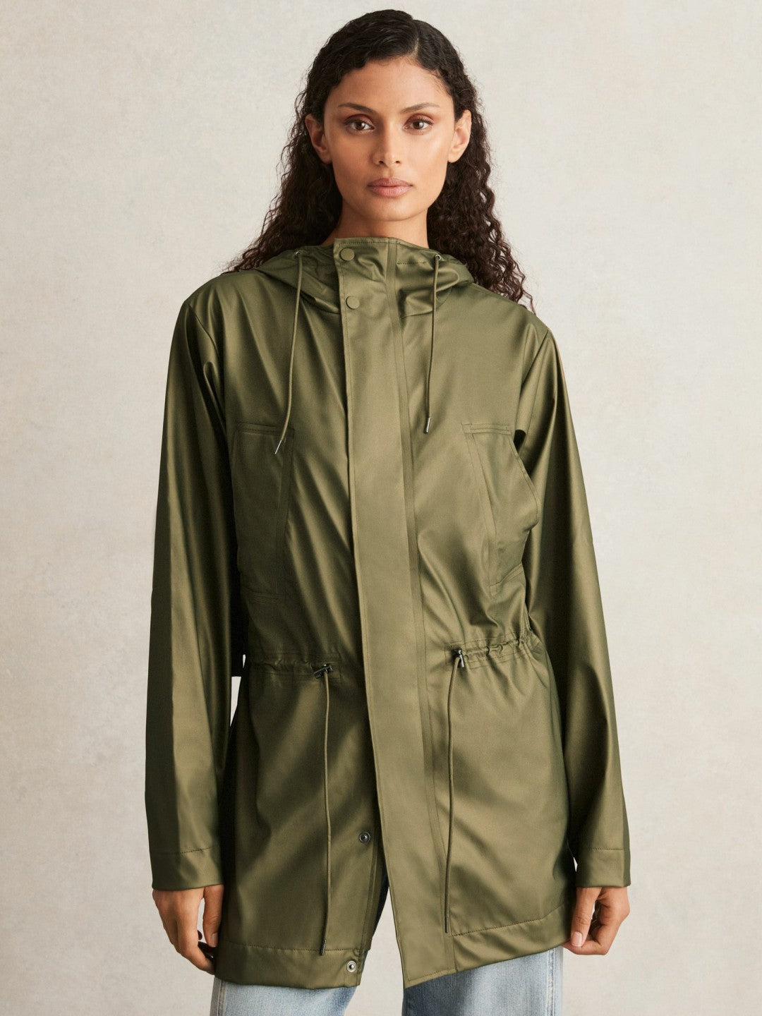 Rains Long Hooded Jacket in Revel Brass Green | Reiss Near Me