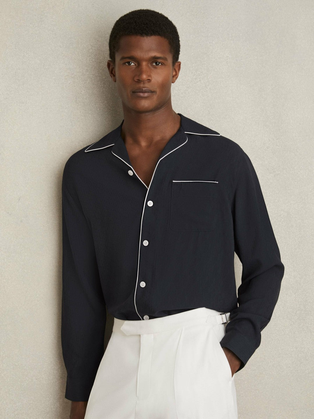 Cuban Collar Shirt with Piping Detail Shirt in Navy | Reiss Discount