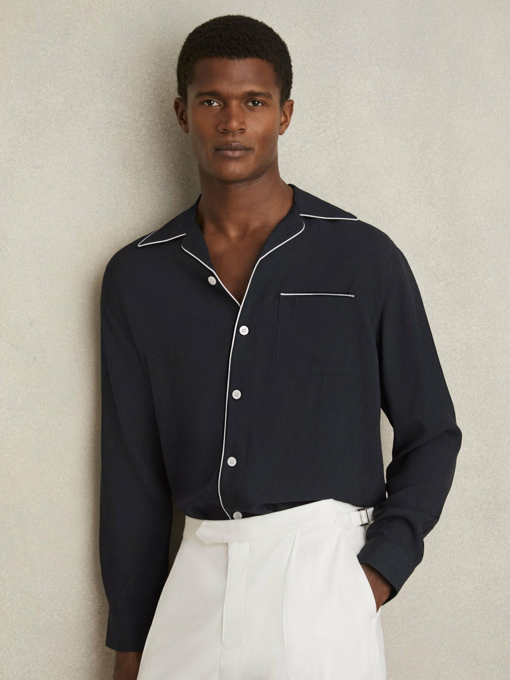 Cuban Collar Shirt with Piping Detail Shirt in Navy | Reiss Discount