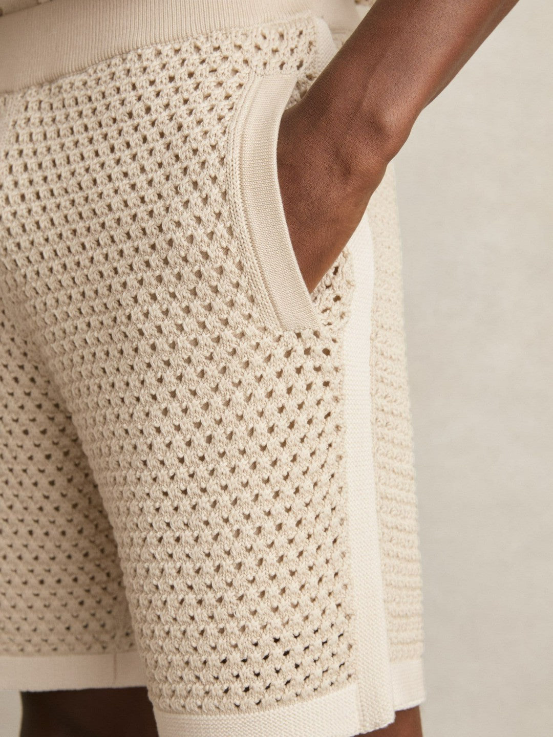 Cotton-Blend Crochet Shorts in Taupe/Off White | Reiss Near Me
