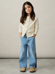 13-14 yrs Cotton Crew-Neck Cardigan in Ivory | Reiss USA