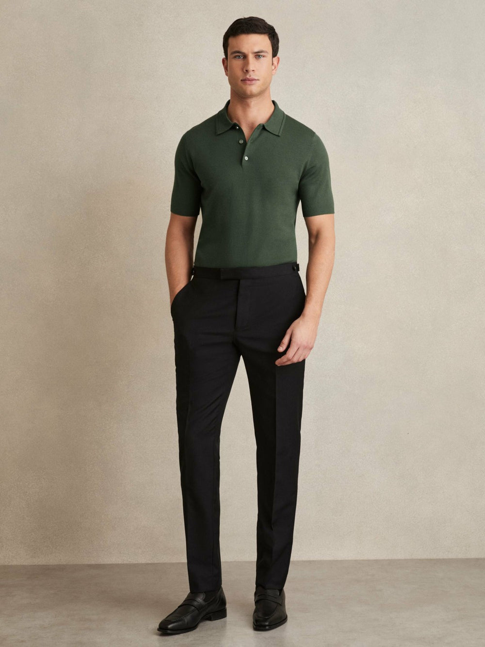 Merino Wool Short-Sleeve Polo Shirt in Kale Green | Reiss Sale