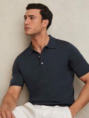 Merino Wool Short-Sleeve Polo Shirt in Midnight Navy | Reiss Near Me