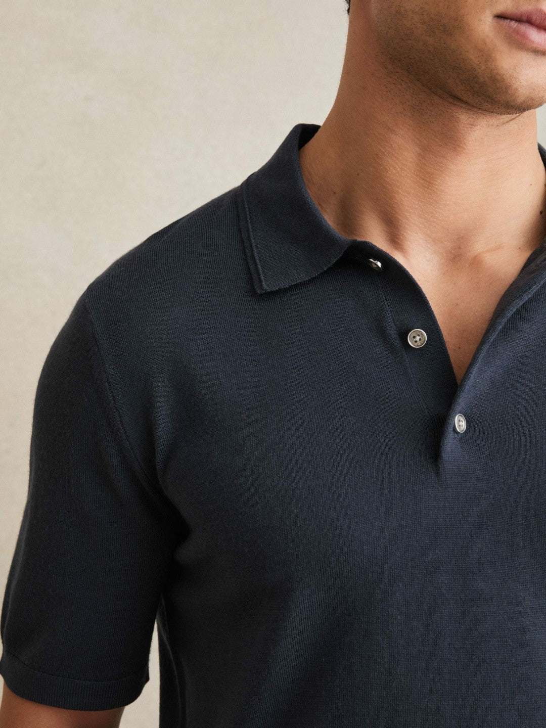 Merino Wool Short-Sleeve Polo Shirt in Midnight Navy | Reiss Near Me