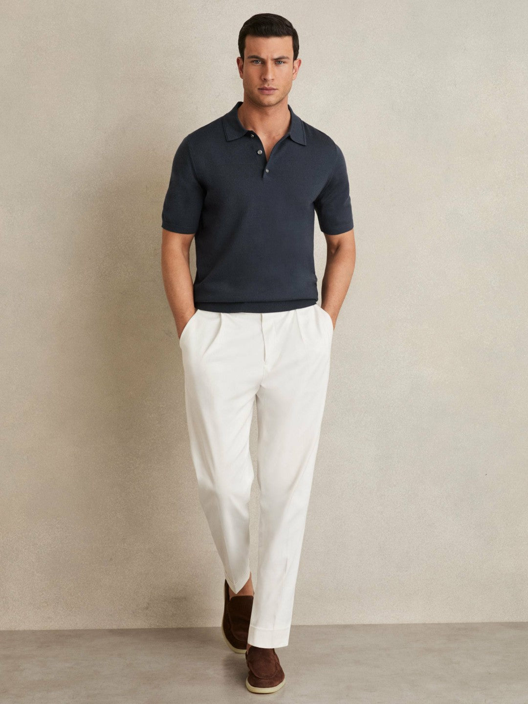 Merino Wool Short-Sleeve Polo Shirt in Midnight Navy | Reiss Near Me