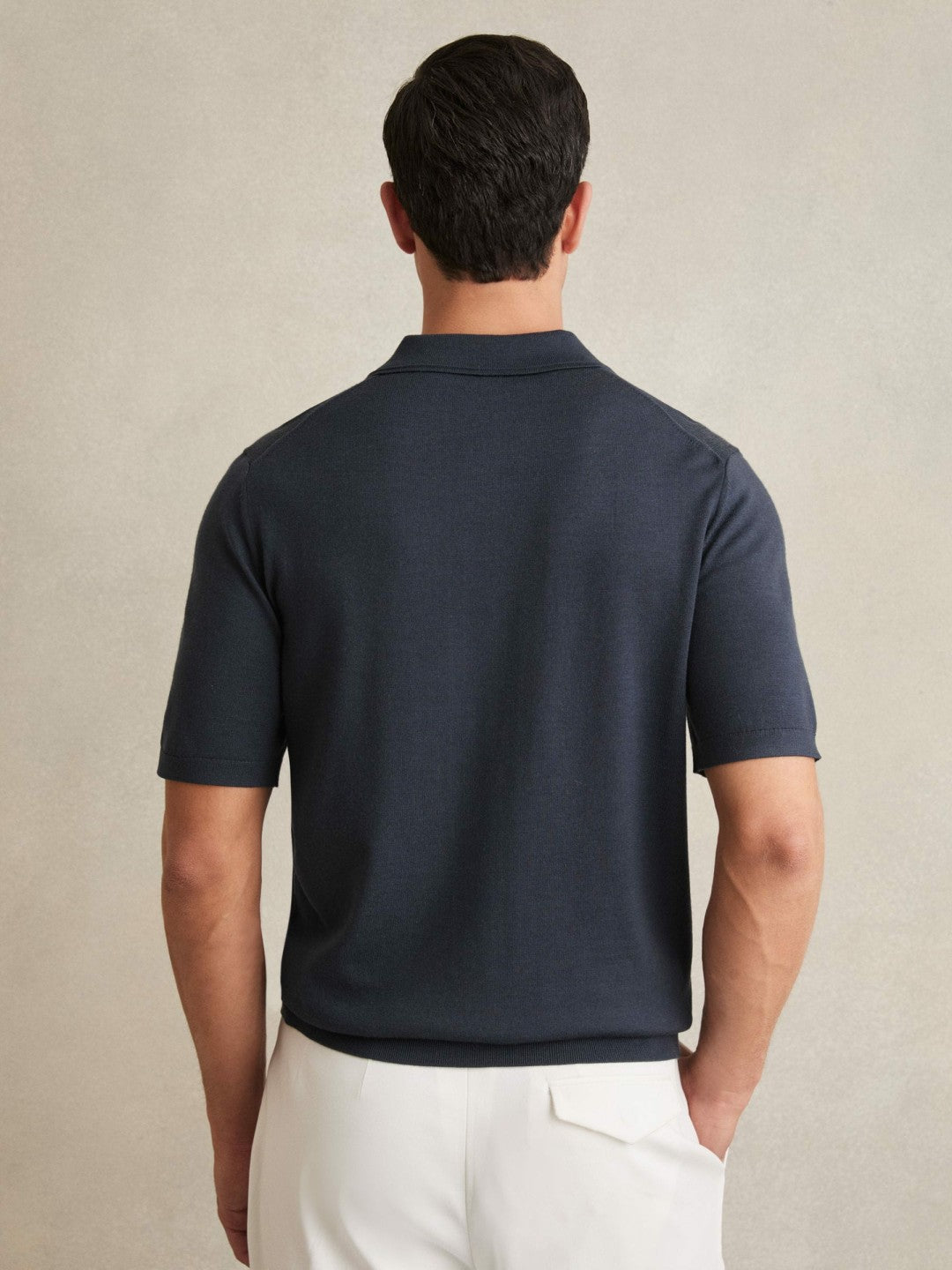 Merino Wool Short-Sleeve Polo Shirt in Midnight Navy | Reiss Near Me