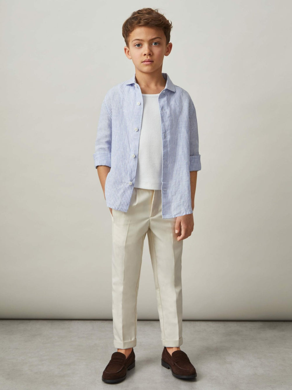 13-14 yrs Linen Cutaway Collar Shirt in Blue/White Stripe | Reiss Near Me