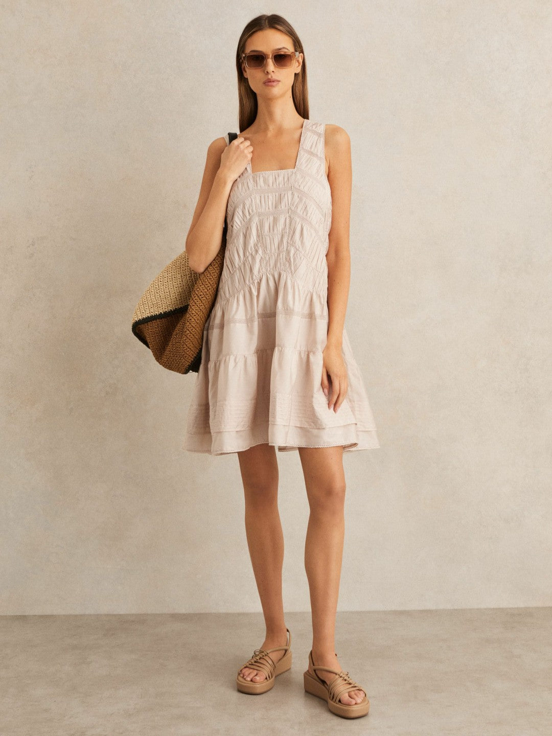 Shirred Ruffle Hem Mini Dress in Neutral | Reiss For Sale