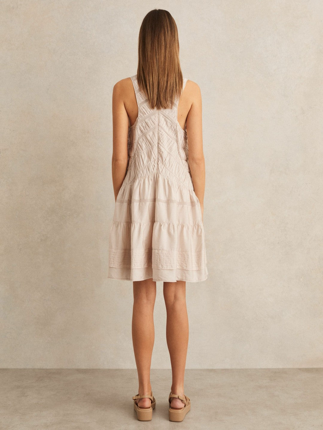 Shirred Ruffle Hem Mini Dress in Neutral | Reiss For Sale