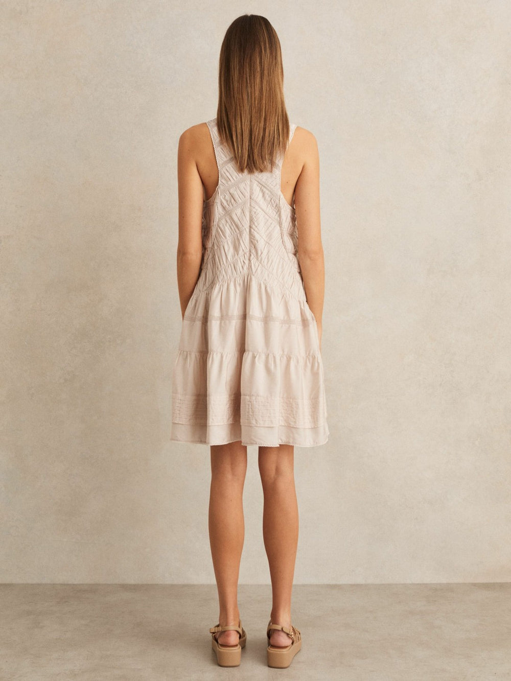 Shirred Ruffle Hem Mini Dress in Neutral | Reiss For Sale