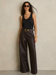 Leather Wide Leg Trousers in Chocolate | Reiss For Sale