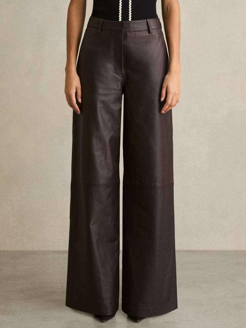 Leather Wide Leg Trousers in Chocolate | Reiss For Sale