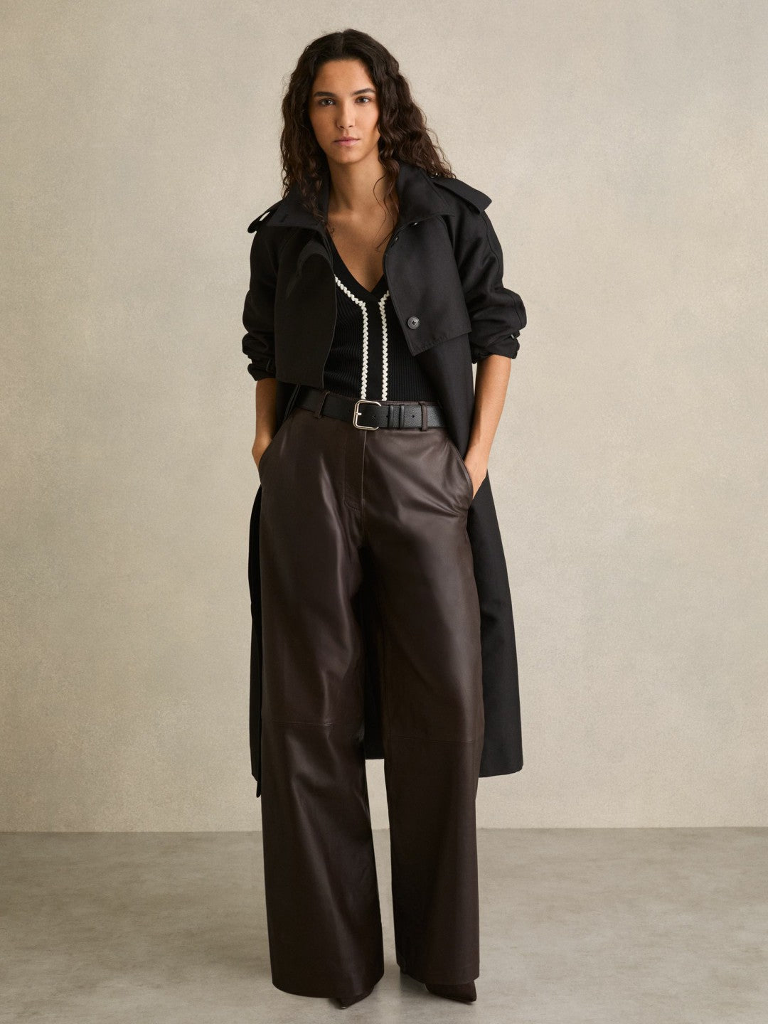 Leather Wide Leg Trousers in Chocolate | Reiss For Sale