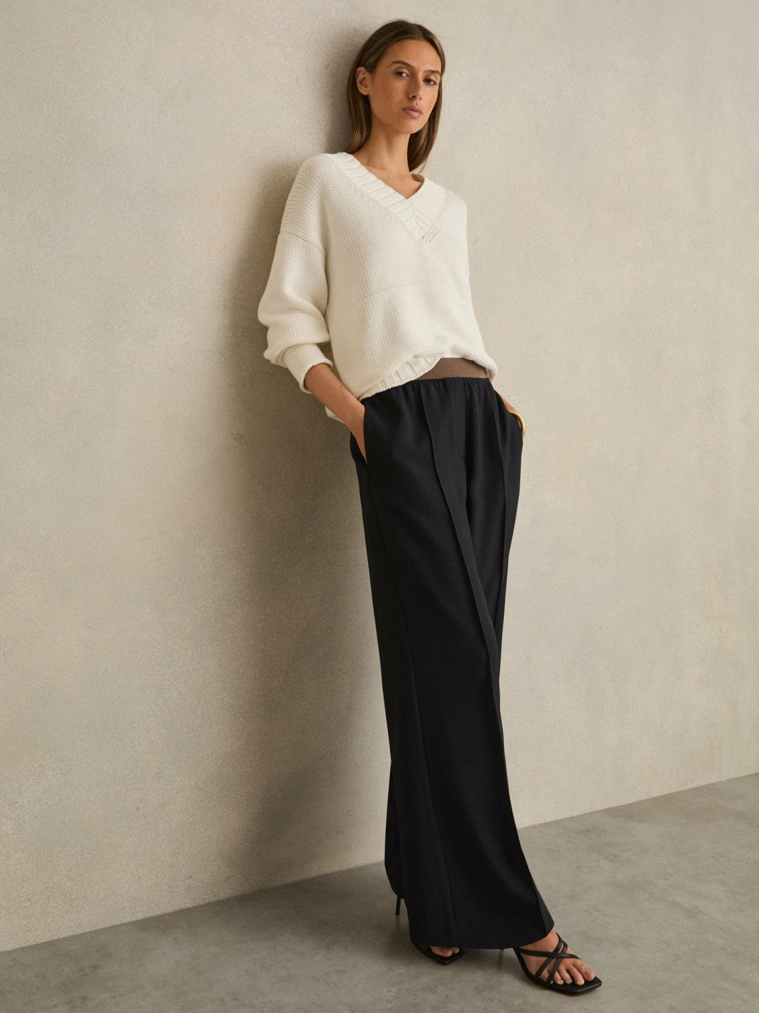 Wide-Leg Elasticated-Waist Trousers in Navy | Reiss For Sale