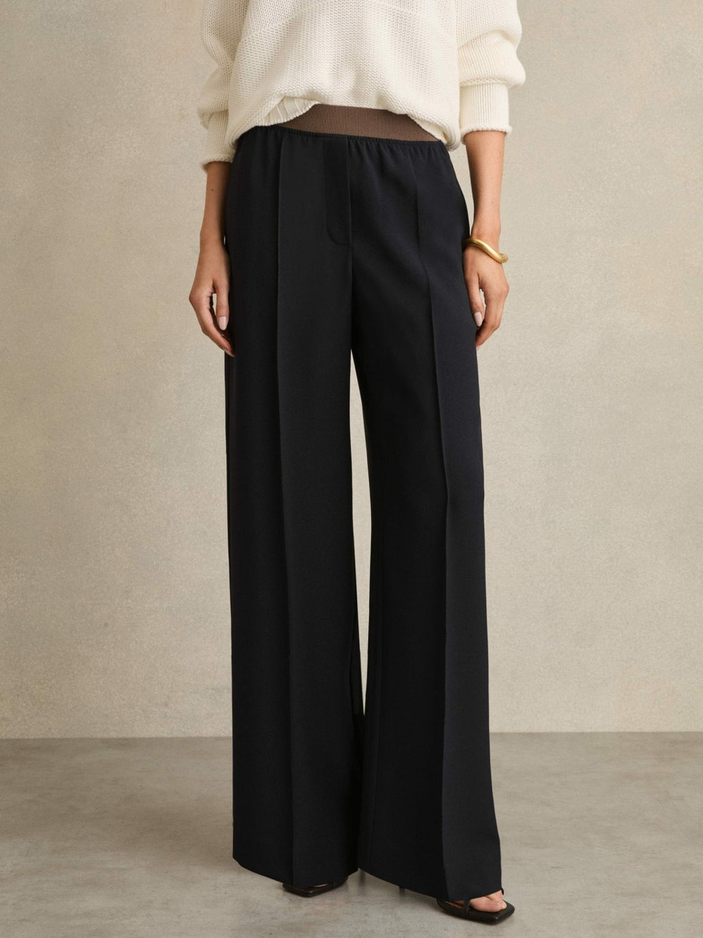 Wide-Leg Elasticated-Waist Trousers in Navy | Reiss For Sale