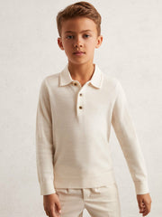 9-13 yrs Merino Wool Long-Sleeve Polo Shirt in Snow | Reiss Onsale