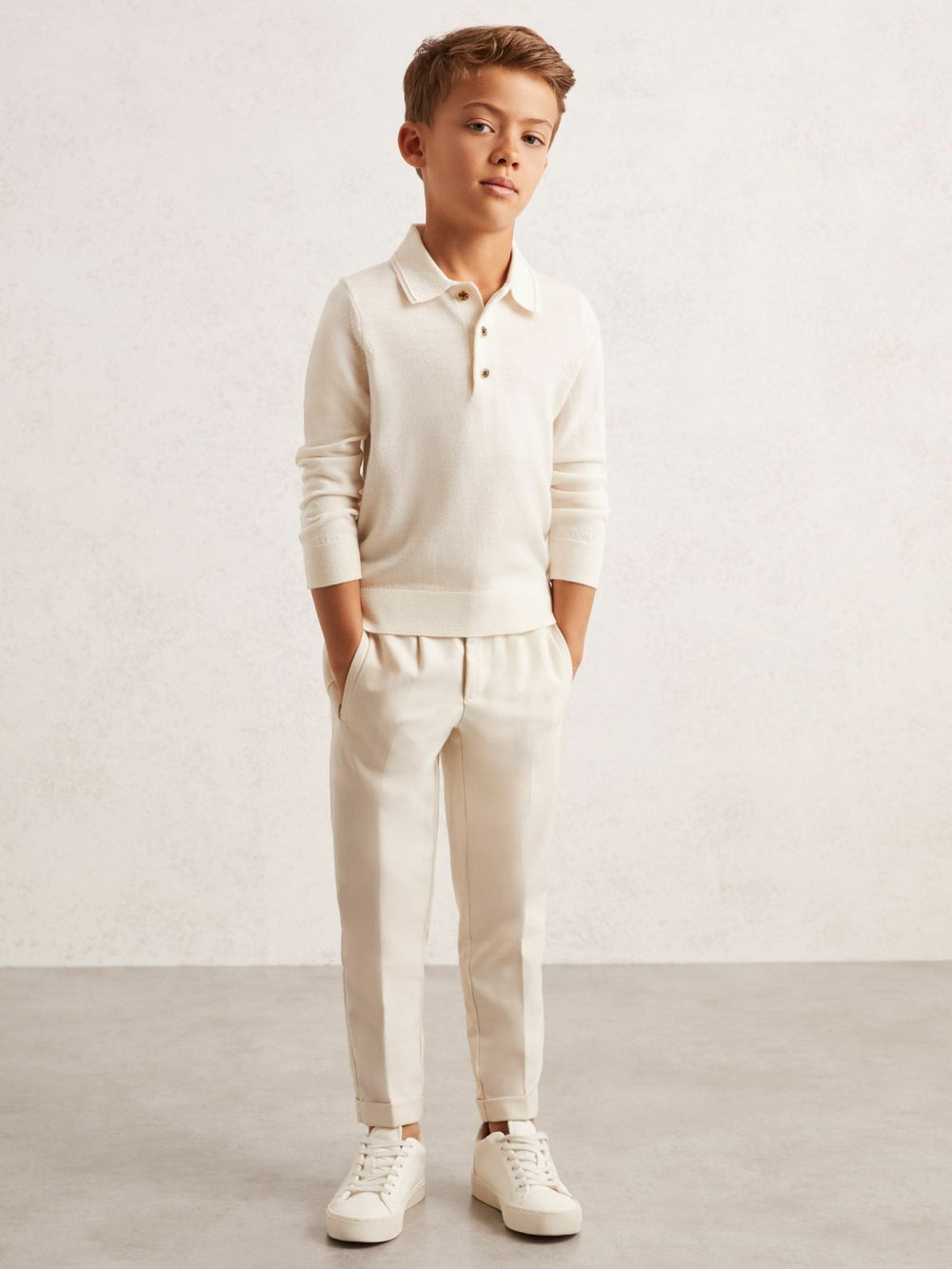 9-13 yrs Merino Wool Long-Sleeve Polo Shirt in Snow | Reiss Onsale