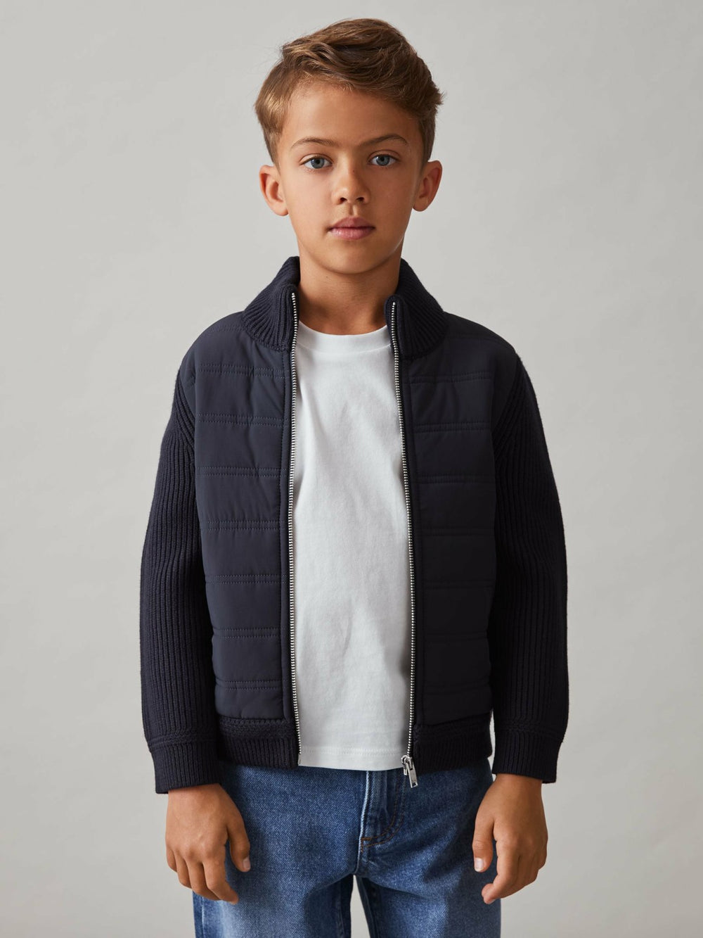 9-13 yrs Hybrid Quilt and Knit Zip Through Jacket in Navy | Reiss Onsale