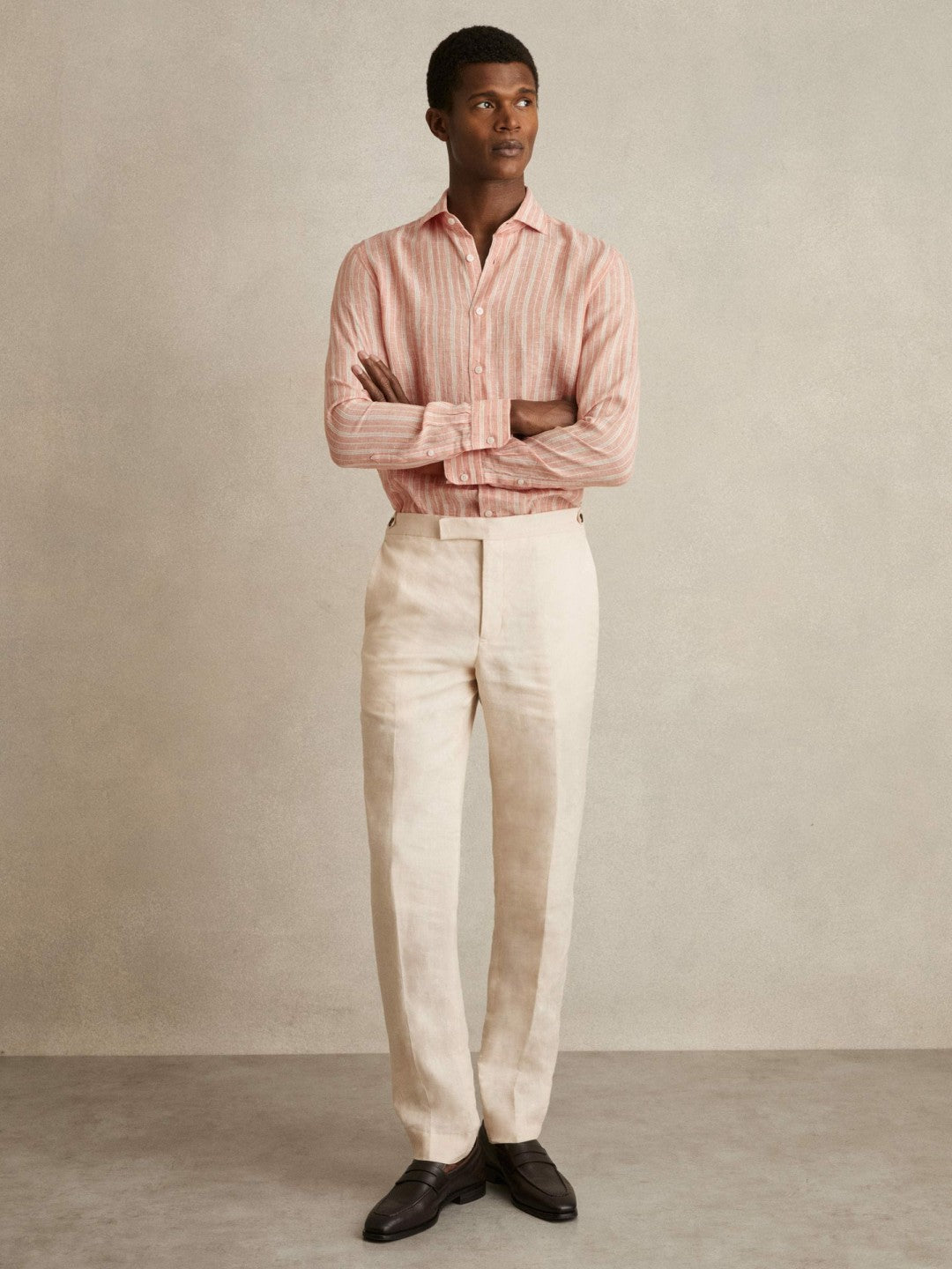 Linen Striped Long Sleeve Shirt in Pink Rose/White Bengal Stripe | Reiss Sale