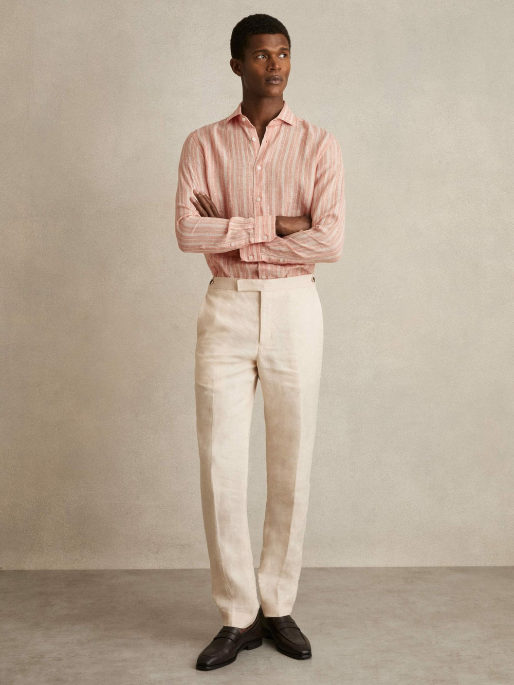 Linen Striped Long Sleeve Shirt in Pink Rose/White Bengal Stripe | Reiss Sale